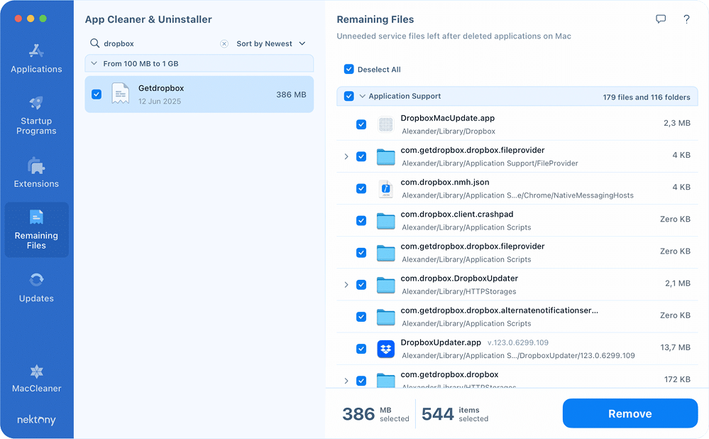 Dropbox remaining files in App Cleaner & Uninstaller