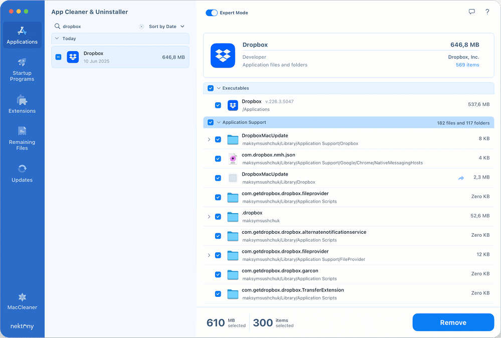 Dropbox files found by App Cleaner & Uninstaller