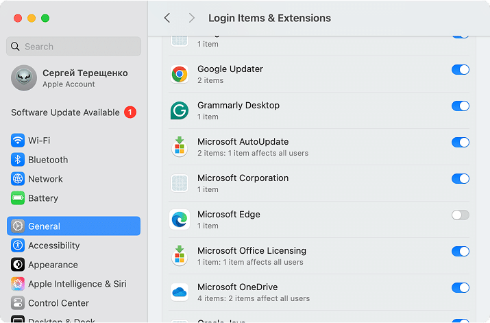 System Settings window showing Edge login items