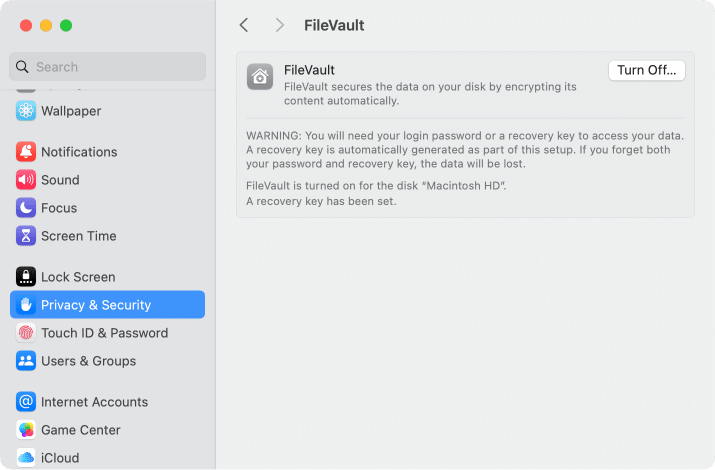 Turn off FileVault