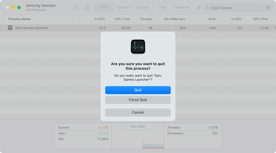 Closing Epic Games running processes in Activity Monitor