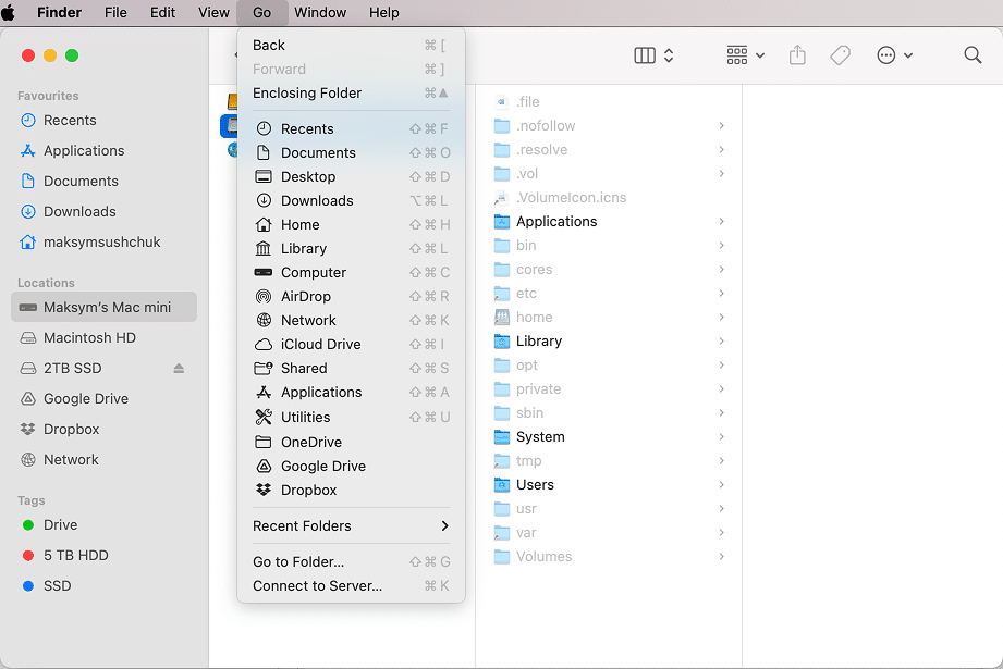 The Library folder in the Go Menu of Finder