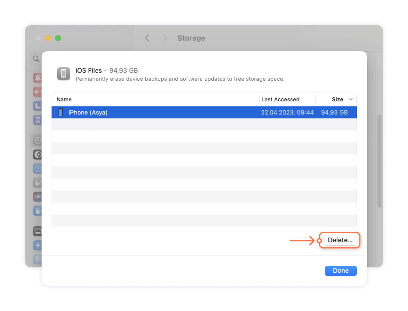 Device preferences window showing iPhone backups