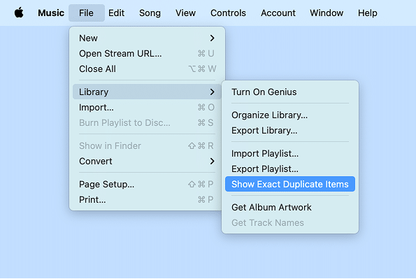 Music app menu showing option to See Exact duplicate items