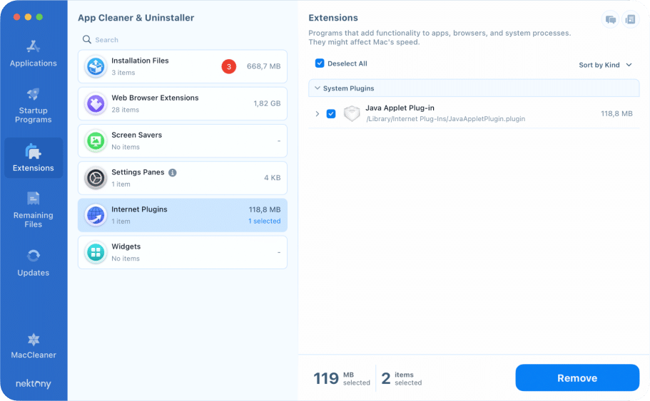 App Cleaner & Uninstaller showing Java internet plugin