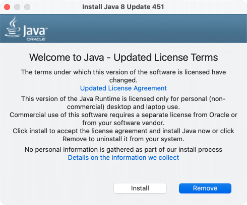 Java uninstall window