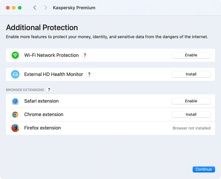 The Additional Protection window of the Kaspersky app for Mac