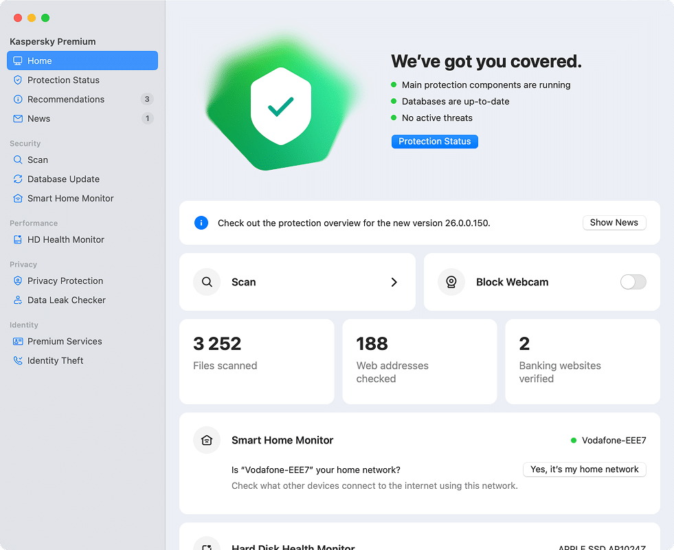 the Kaspersky Premium dashboard in version 26.0.0.150