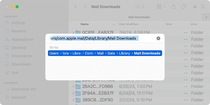 Go to the folder search field showing the Mail downloads directory