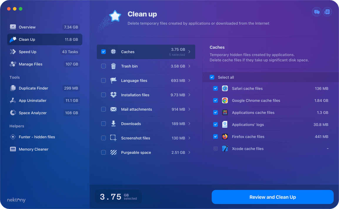 MacCleaner Pro window showing the cleanup tab