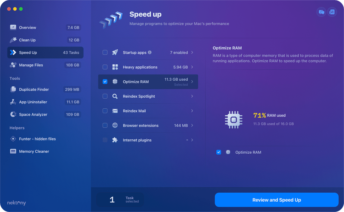 MacCleaner Pro with RAM option highlighted