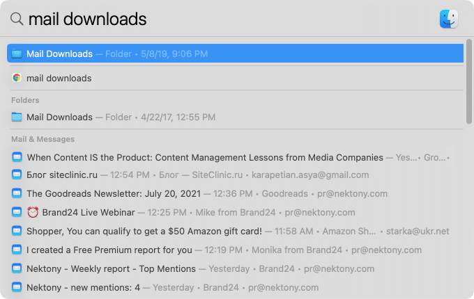 Searhing for mail downloads in Spotlight