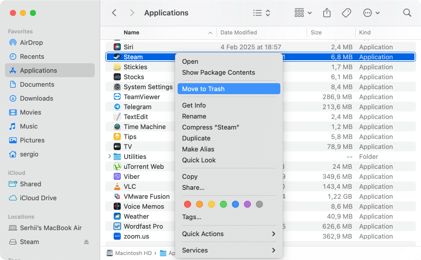 Steam in the Applications folder