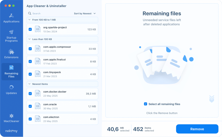 Remaining files tab in App Cleaner & Uninstaller