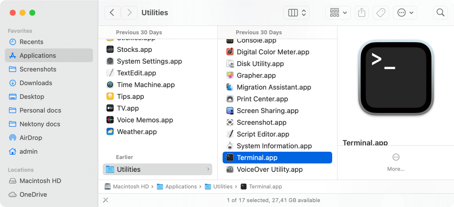 Launching Terminal from the Applications folder