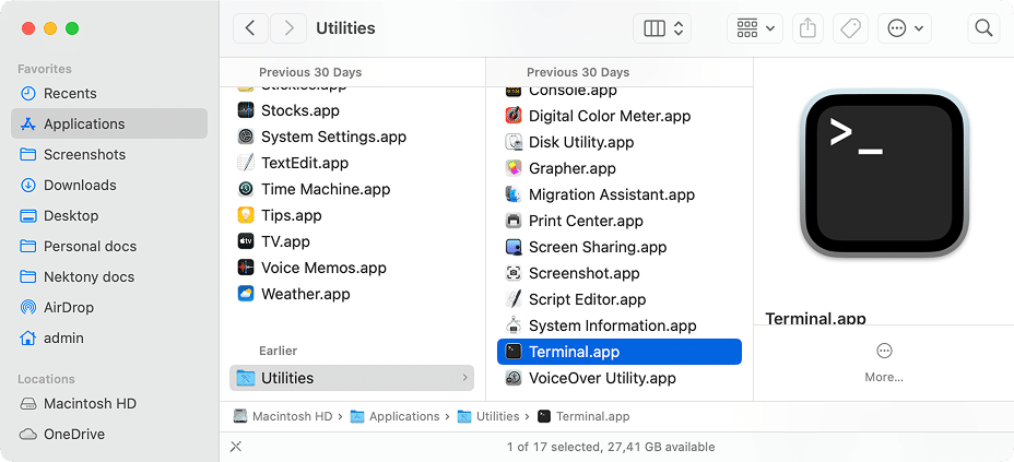 Terminal app in Applications folder