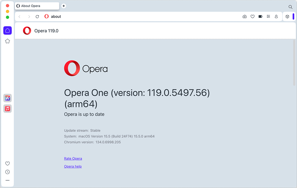 The About screen of Opera One