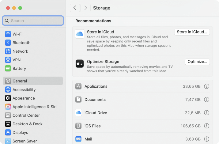 Window showing the recommendations to manage disk on Mac