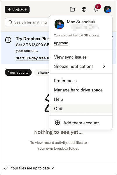 the Quit button in Dropbox menubar