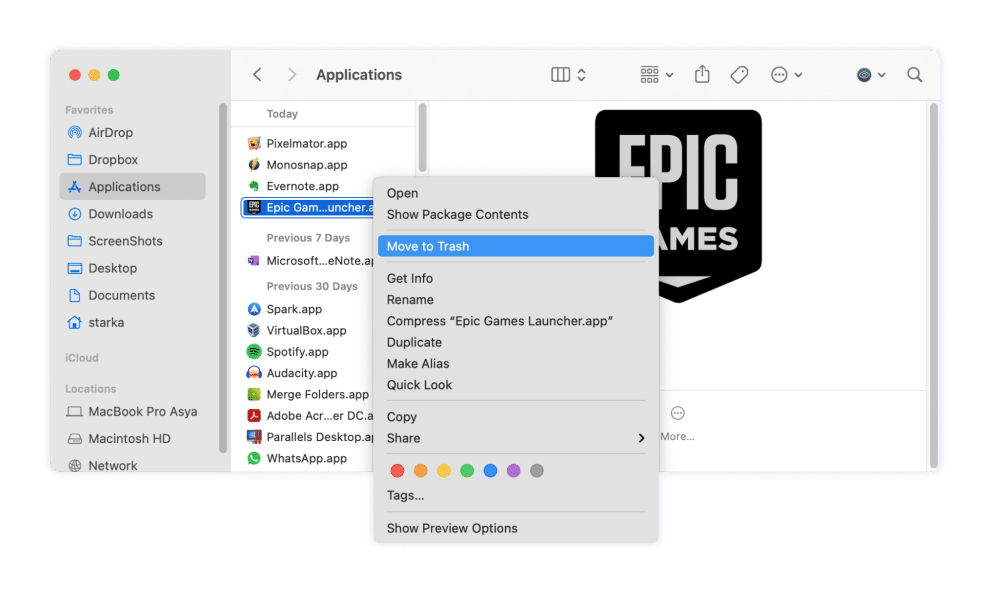 Removing Epic Games Launcher from the Applications folder