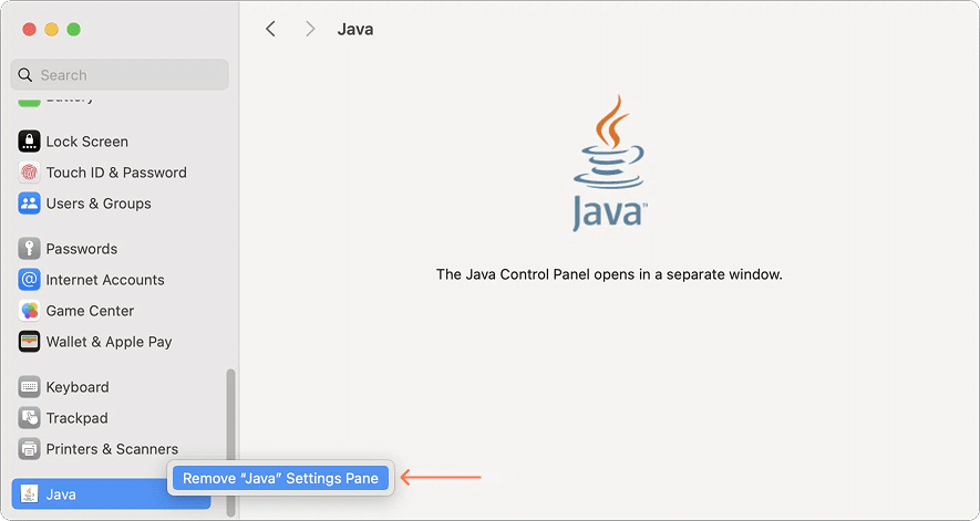 Removing Java settings pane