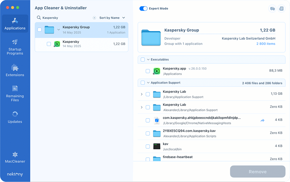 Search for Kaspersky in App Cleaner & Uninstaller