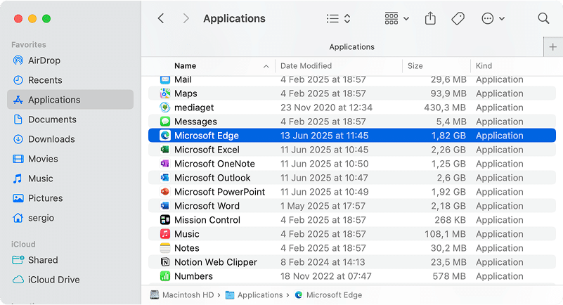Microsoft Edge in the Applications folder