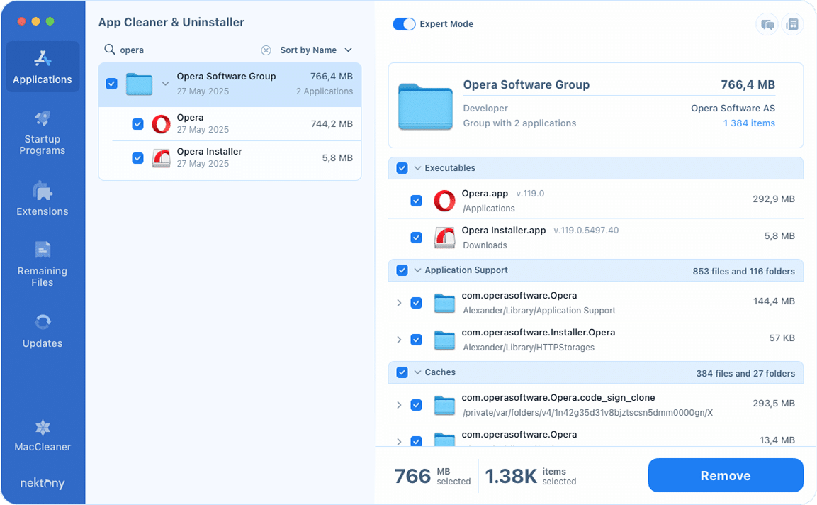 Search for Opera in App Cleaner & Uninstaller