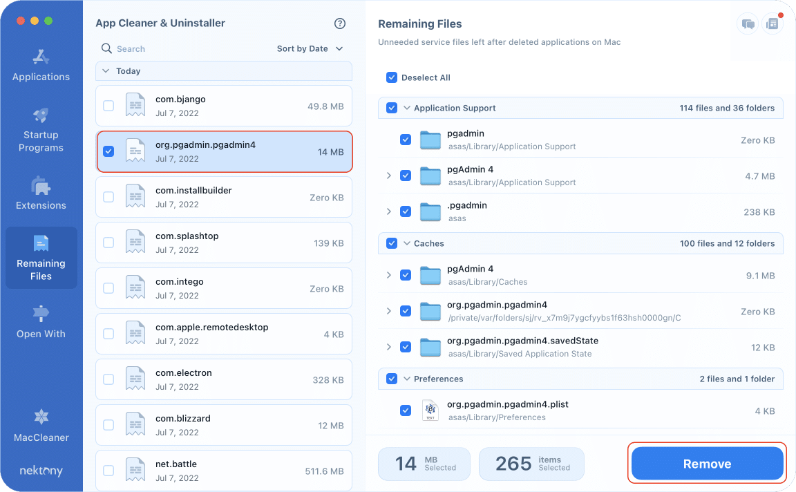 App Cleaner & Uninstaller window showing postgreSQL