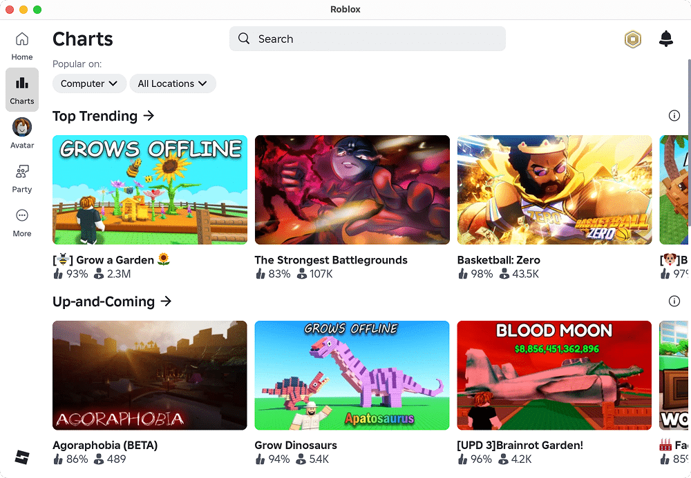 the Charts tab of the Roblox app
