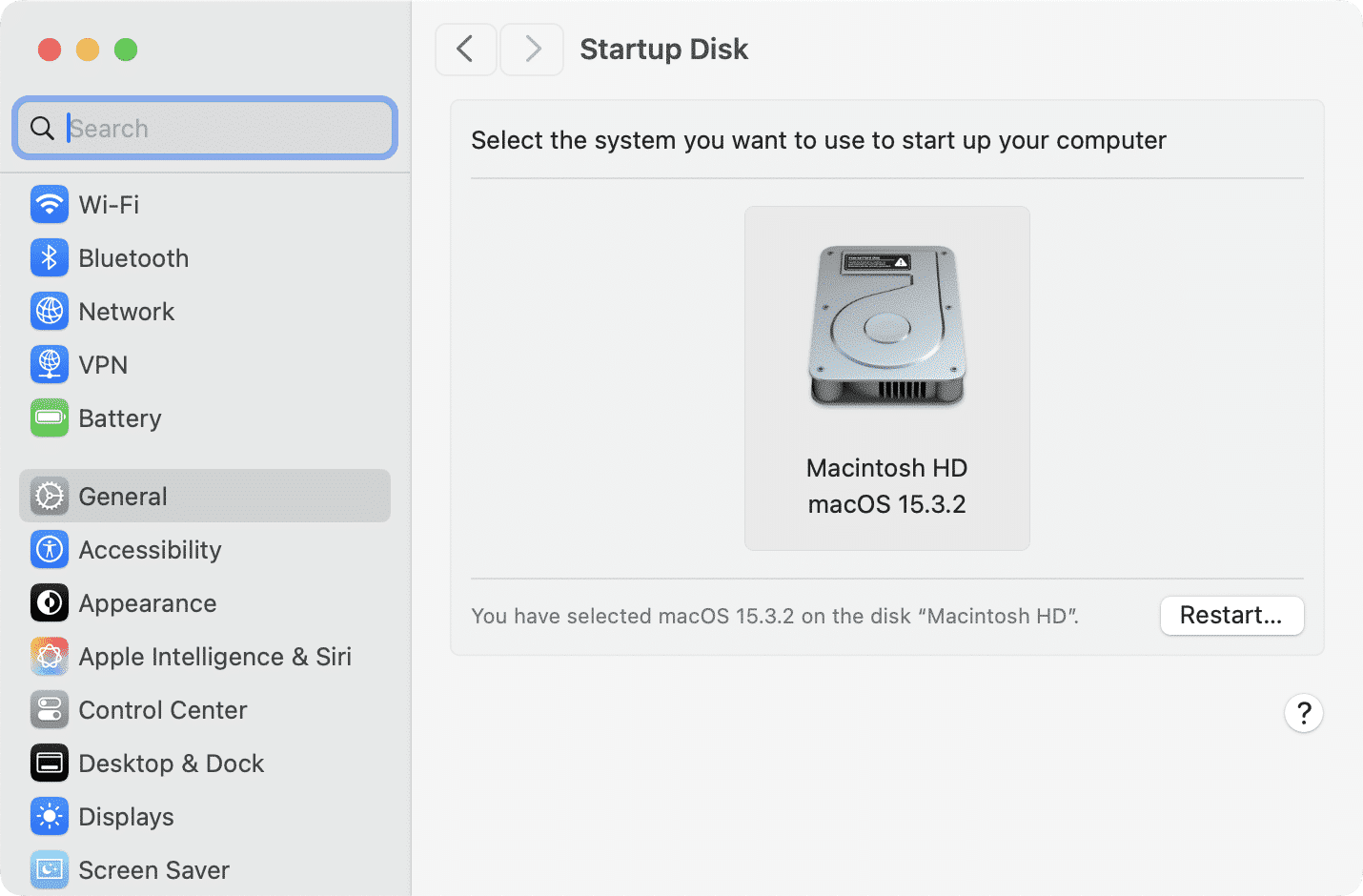 System Settings showing startup disk