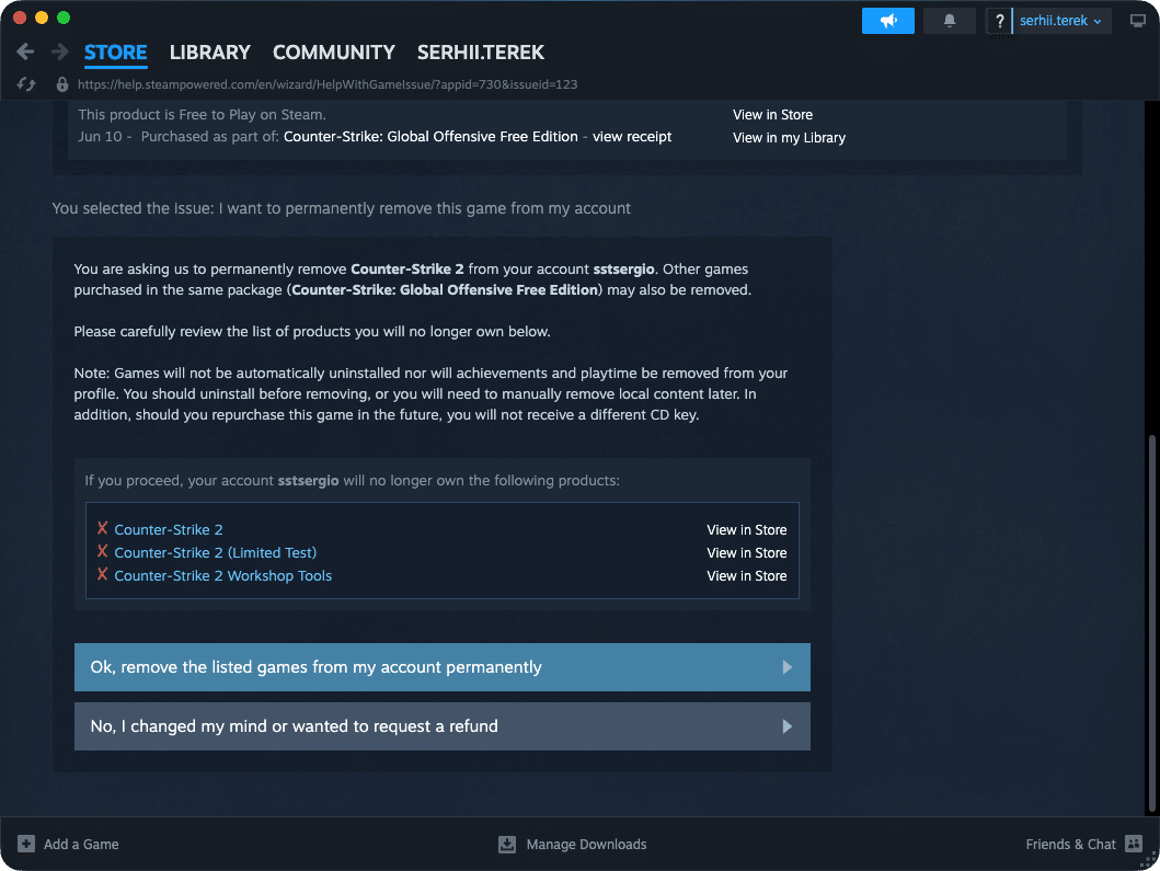 Steam window showing the option to remove games