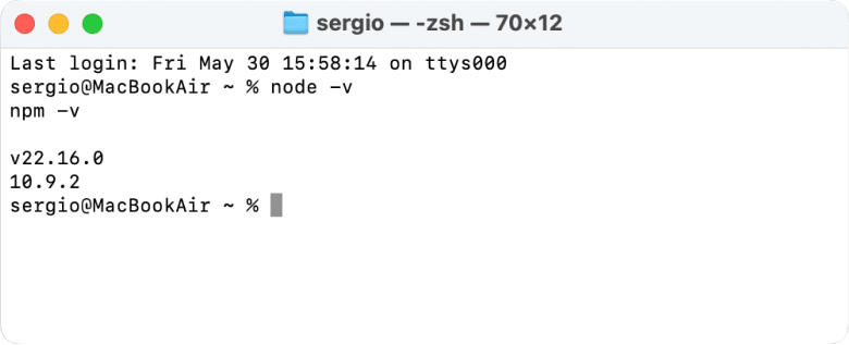 Terminal window showing Node version