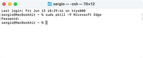 Terminal window showing a command to quit Edge