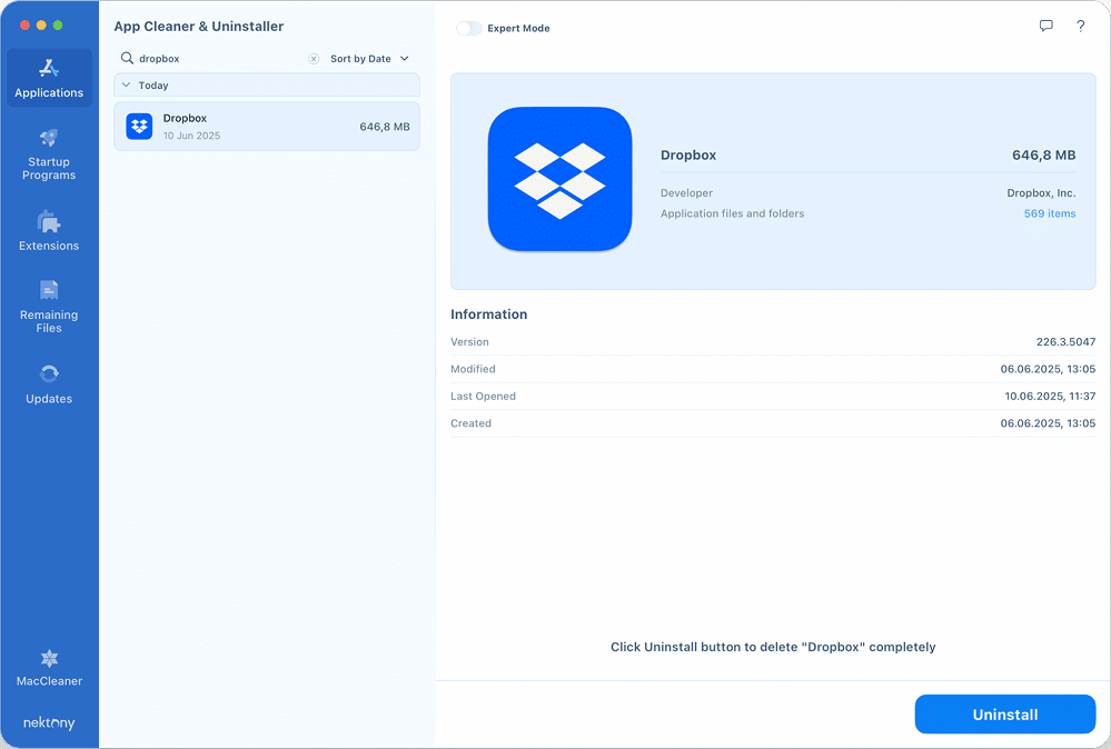 Dropbox found in App Cleaner & Uninstaller