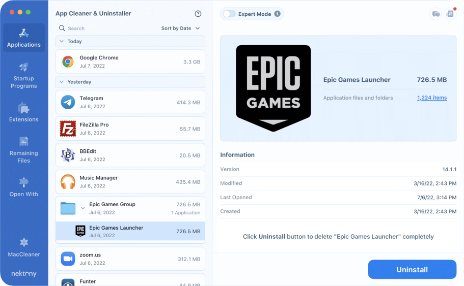 App Cleaner & Uninstaller window showing how to remove the Epic Games