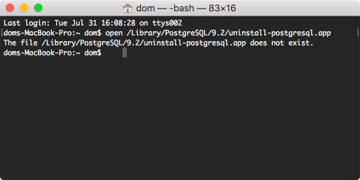 Terminal window showing a command for uninstalling PostgreSQL