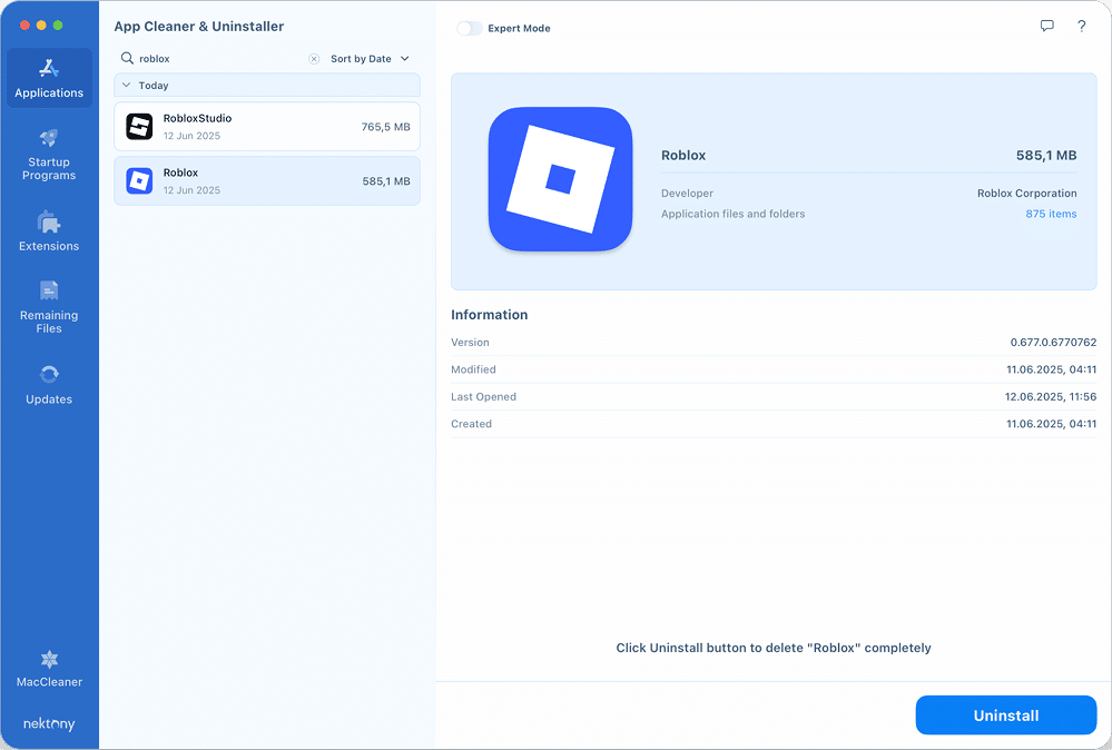 Roblox found in App Cleaner & Uninstaller