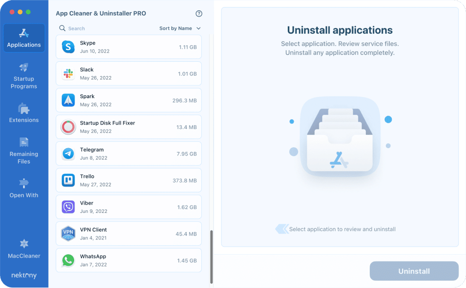 App Cleaner & Uninstaller showing Applications tab