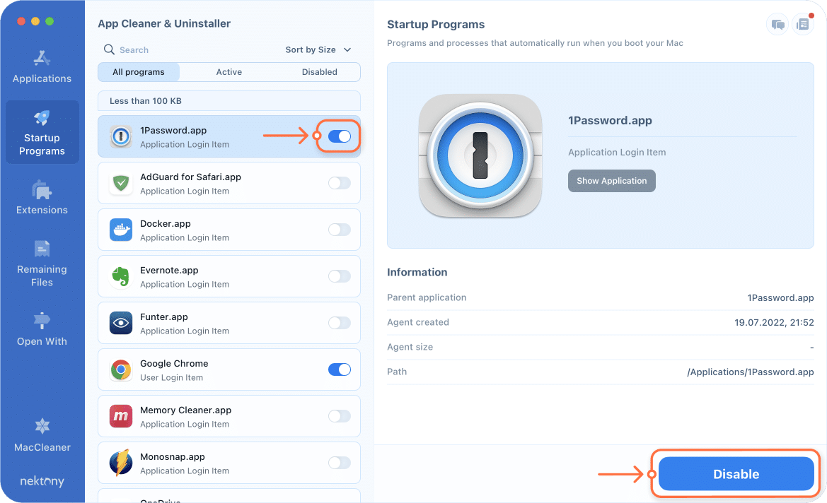 App Cleaner & Uninstaller window - startup programs tab