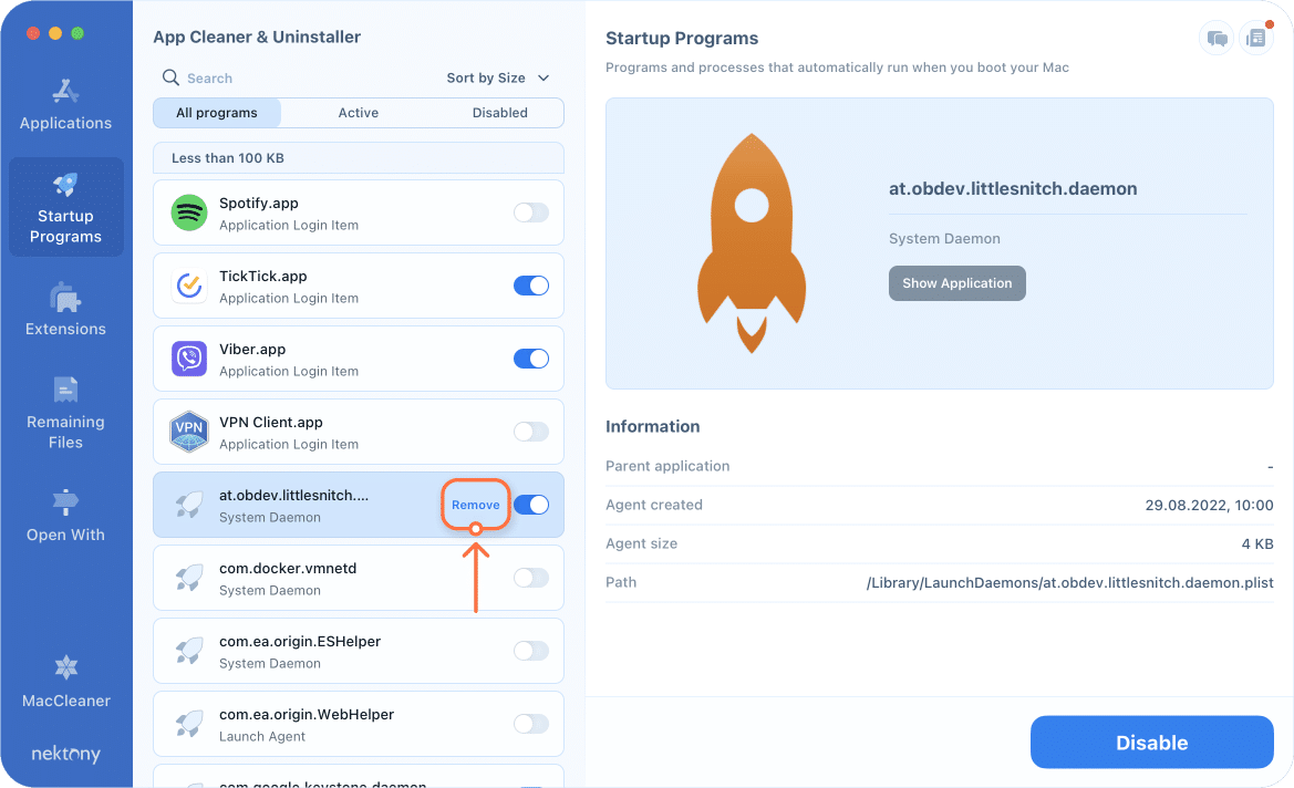 App Cleaner & Uninstaller window - removing login items