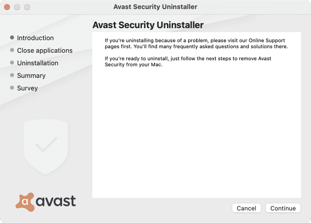 Avast Security Uninstaller window