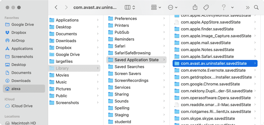 Avast Security support files in the Library folder