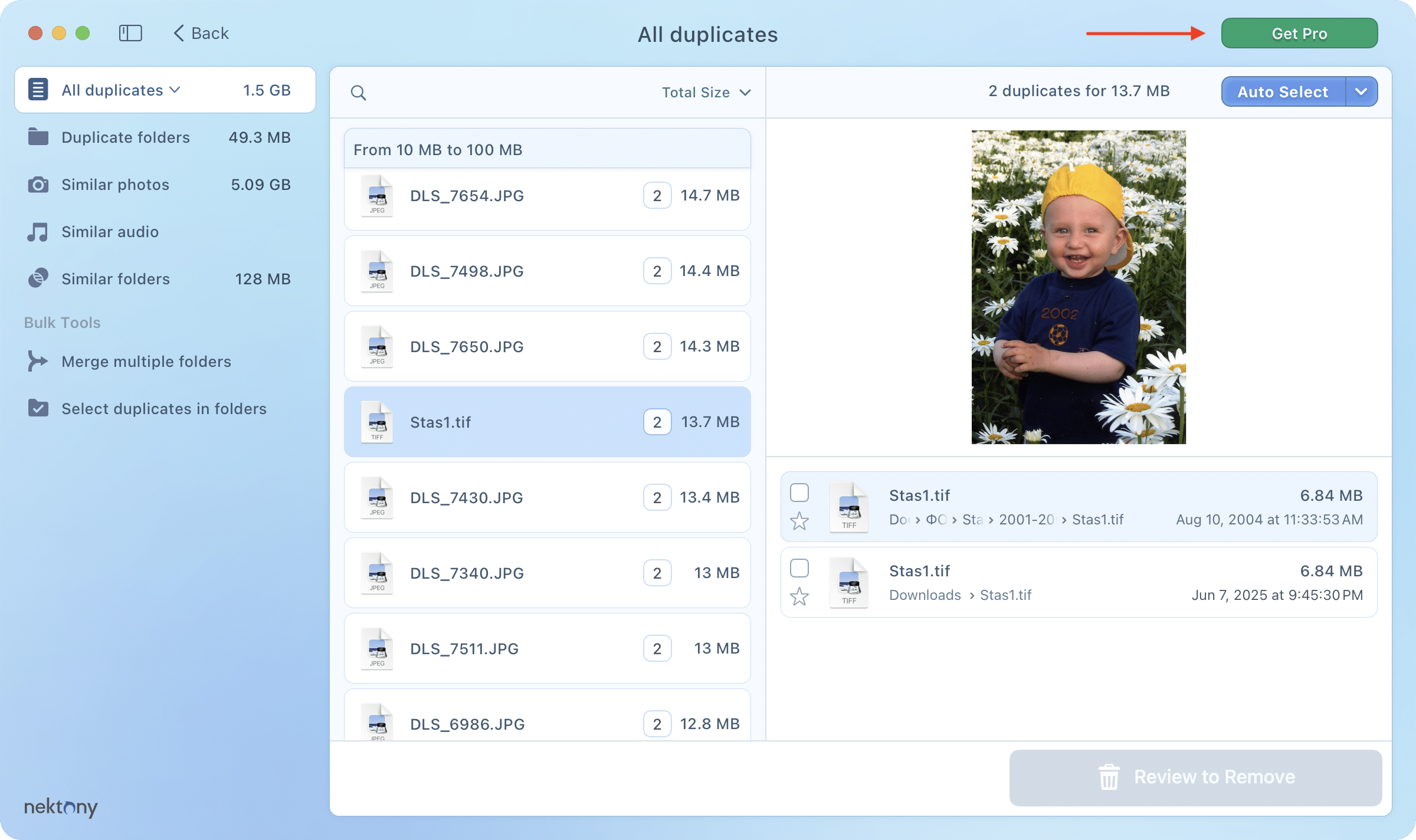 Duplicate finder showing the Get Pro button