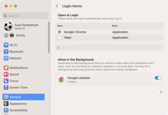 system settings showing login items on macOS Ventura