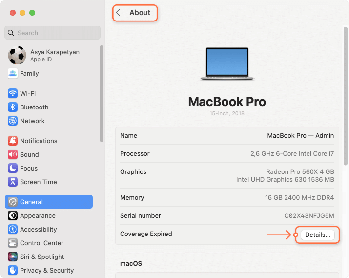 About Mac panel in system preferences