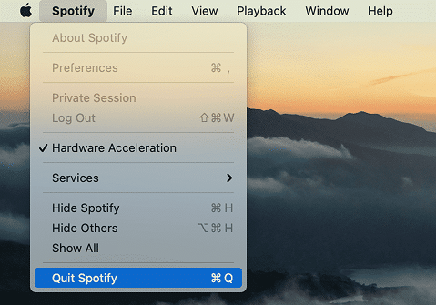 Spotify menu showing the Quit command