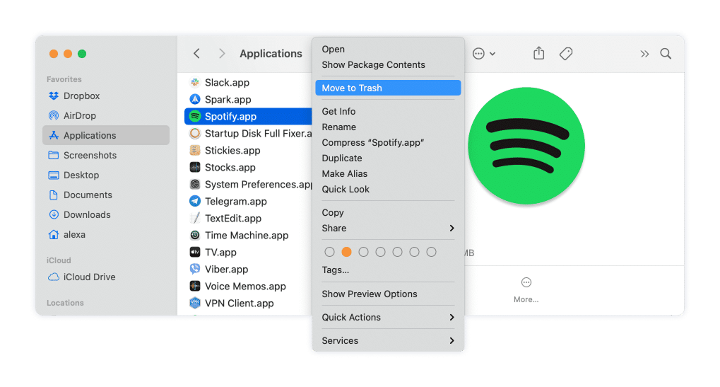 Spotify in the Applications folder with the context menu