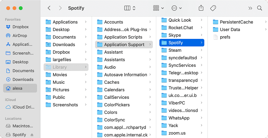 Spotify support files in the Library folder