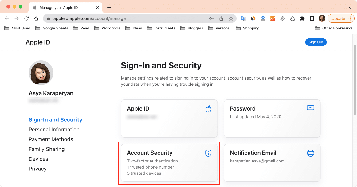 Apple ID account page